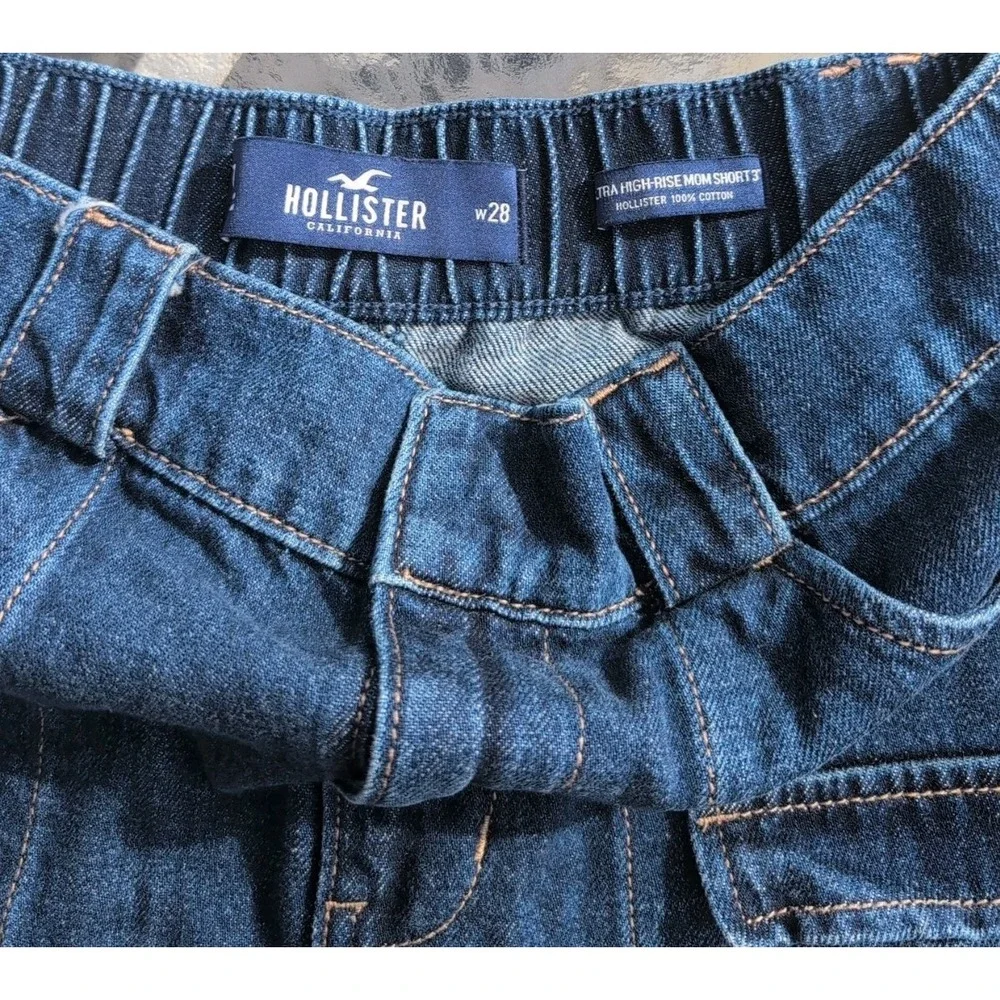 Sz 7 Hollister Womens Ultra High Rise Mom‎ Shorts  Blue Denim Cuffed Elastic EUC